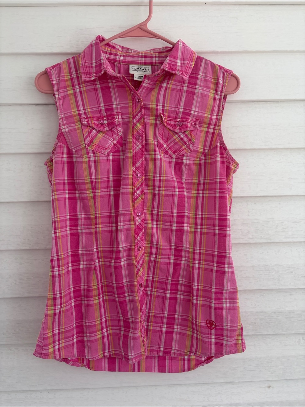 Ariat Pink Plaid Sleeveless Western Pink Pearl Snap Embroidered Shirt Top M